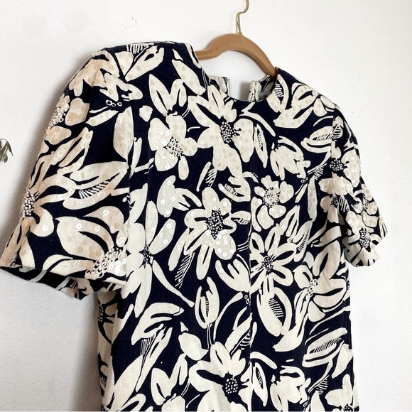 Vintage BILL BLASS Womans Linen Shift Short Sleeve Dress Sequined Beaded 12 - Picture 2 of 15